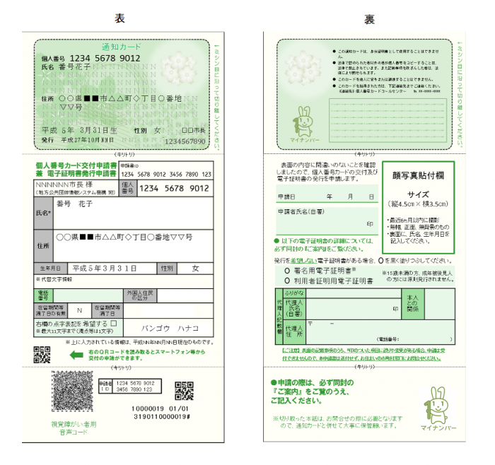 通知カードと個人番号カード申請書見本